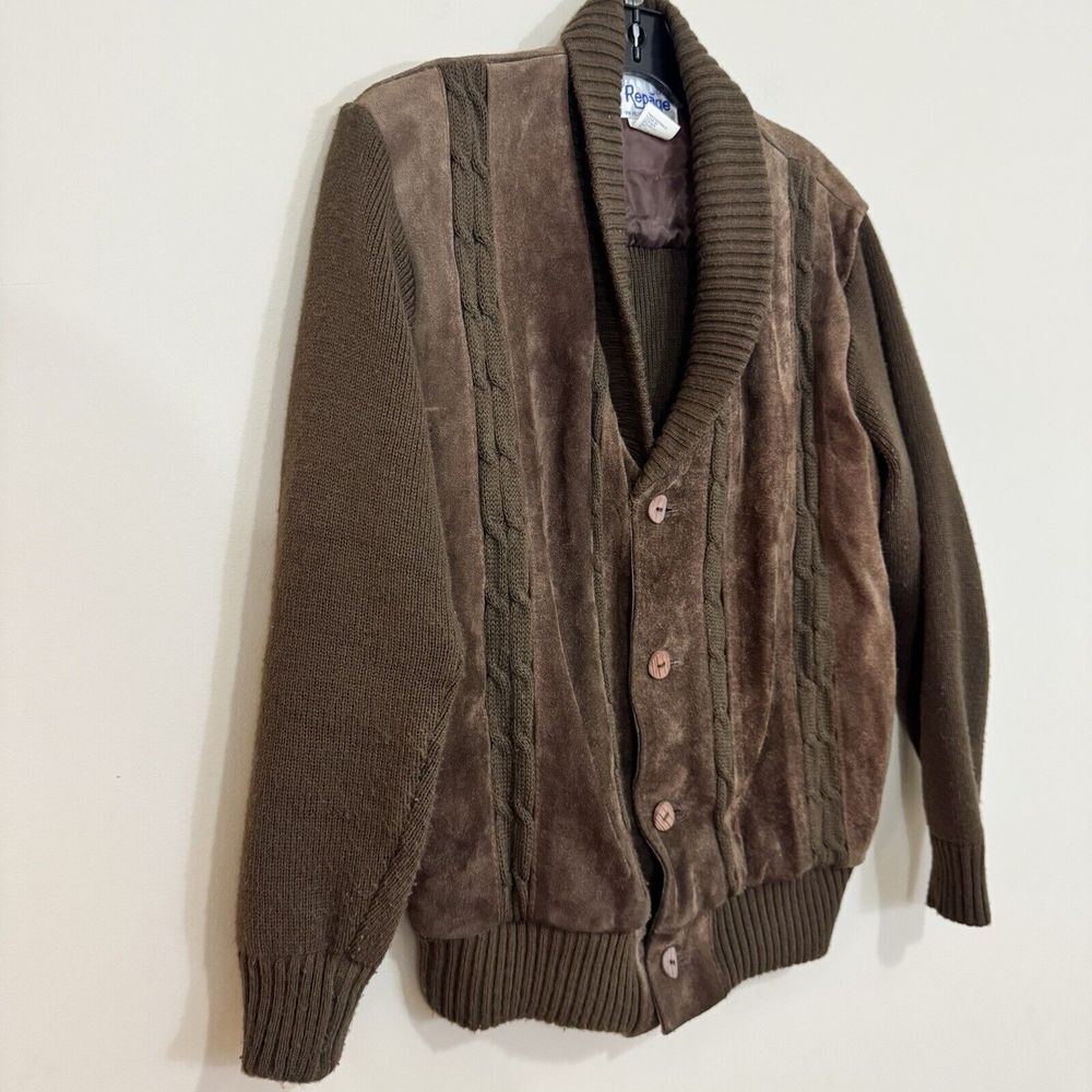 Vintage Repage Cow Split Leather‎ Suede Knit Shawl Collar Sweater Jacket Men's M